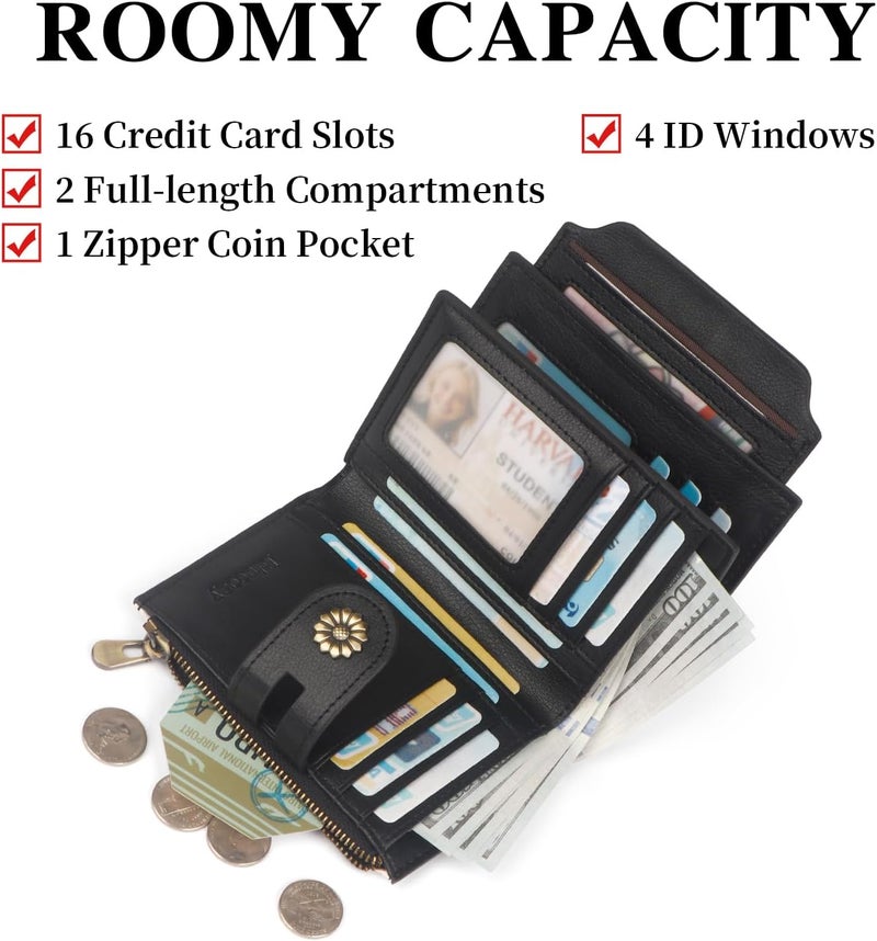 Blucoay Wallet Women,RFID Blocking Leather Womens Wallet Bifold Compact Card Holder Small Wallet for Women with Removable ID Window cowprint black - Image 3